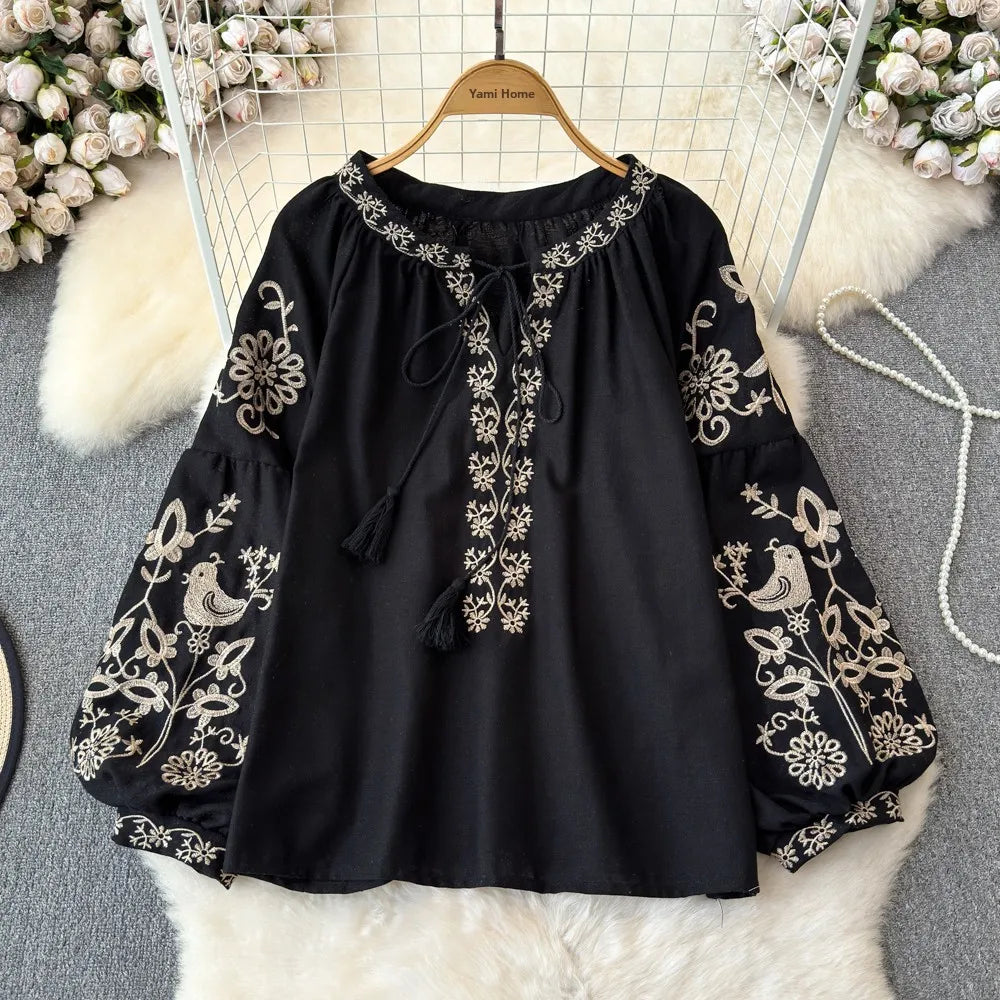 RBB Women's Retro Ethnic Embroidered Shirt – Style Loose Long Sleeve Blouse