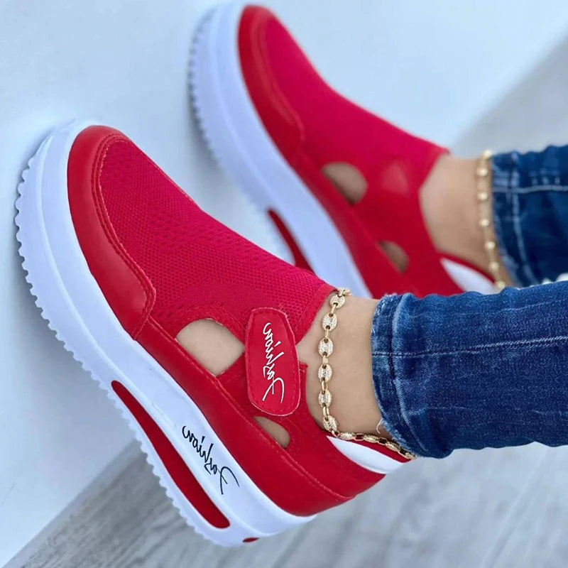 Red Women’s Canvas Sneakers – Casual Tennis Platform Shoes with Hollow Out Design