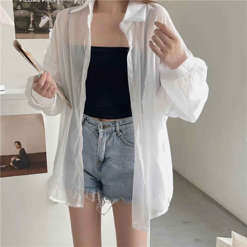 RBB Women’s Semi-Sheer Shimmer Long Sleeve Shirt – Lightweight Button-Down Collared Top for Spring/Summer
