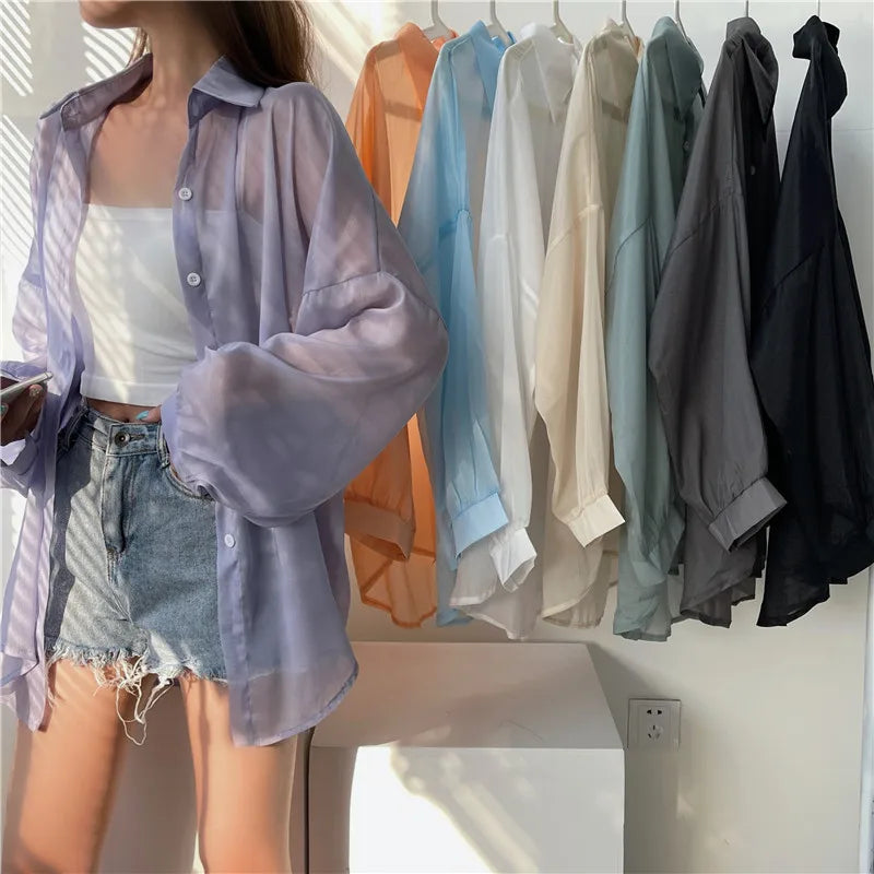 RBB Women’s Semi-Sheer Shimmer Long Sleeve Shirt – Lightweight Button-Down Collared Top for Spring/Summer