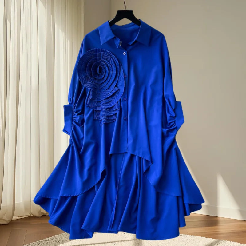 2025,New,European,Clothes,Loose,Blouse,Chic,Turndown Collar,Irregular,Three-dimensional flowers,Women,Batwing Sleeve,Tops,41293