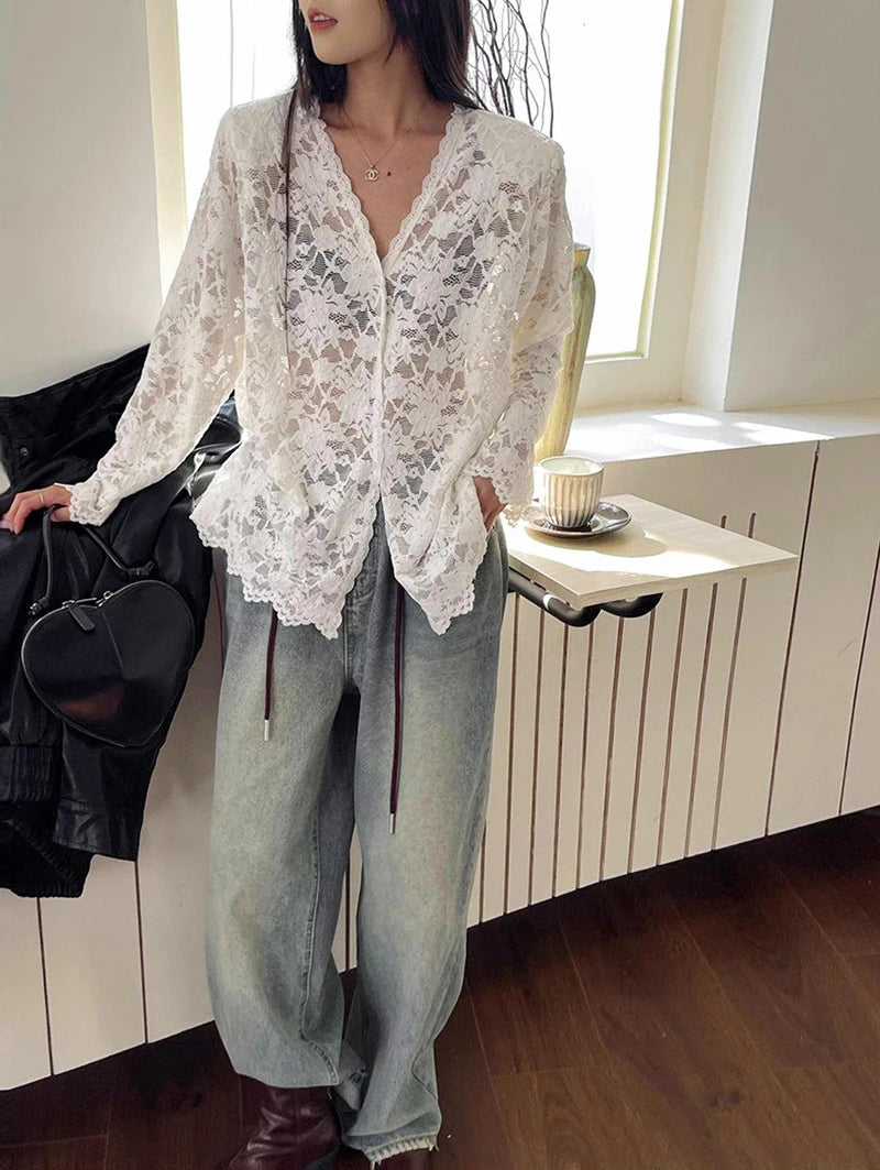 RBB Women's Y2K Lace Sheer Shirt – Sexy Hollow-Out Long Sleeve Streetwear Top