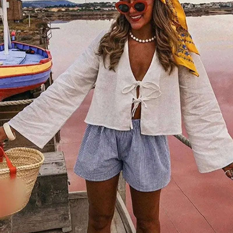 2024 Summer White Lace Up Shirts For Women‘s Elegant Loose Long Sleeve V-neck Blouse Female Solid Causal Street Chic lady Tops