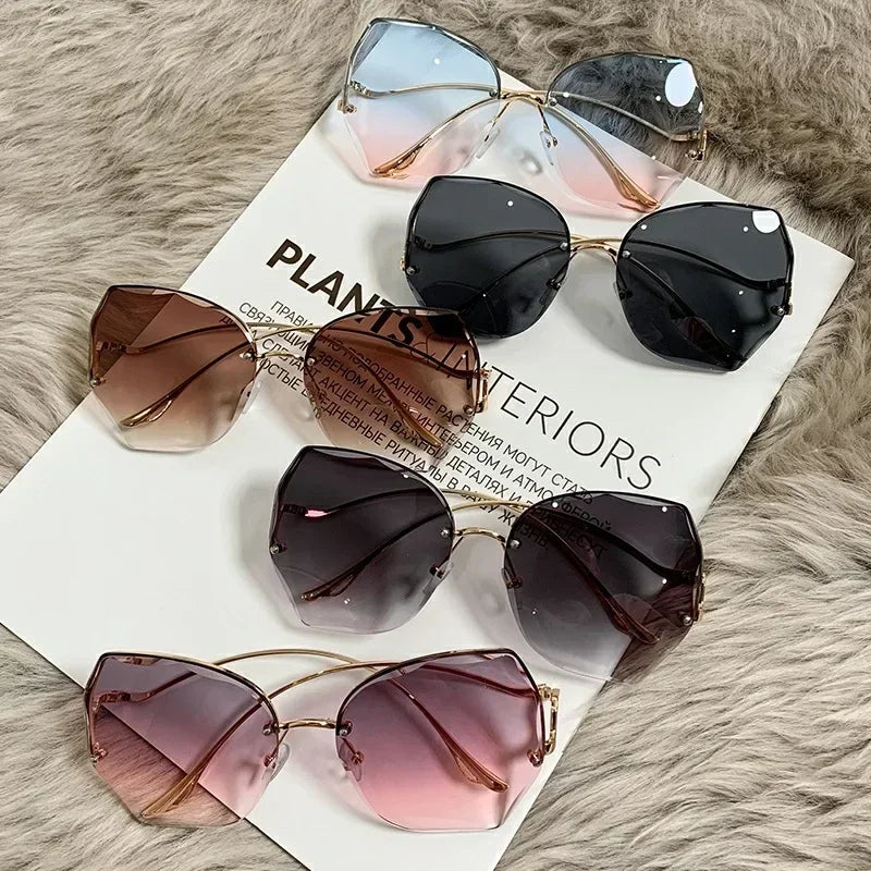 RBB Irregular Rimless Round Sunglasses for Women – Gradient Fashion Designer Shades