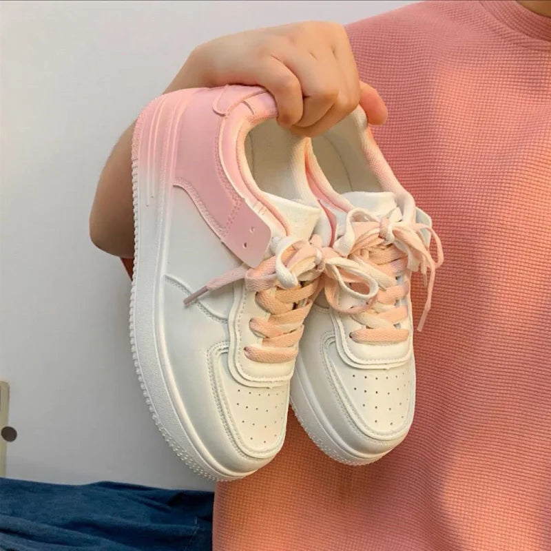 Women’s Casual White Flat Shoes – Spring & Summer 2023, Lightweight Lace-Up Board Sneakers for Students