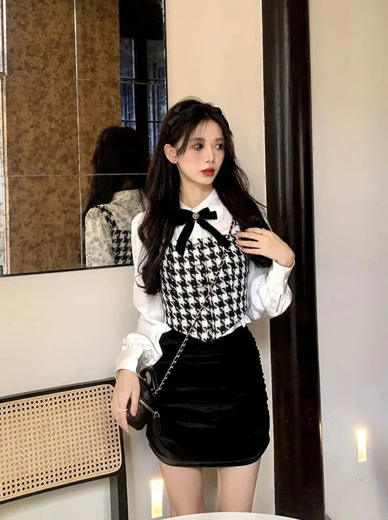 White Bow Shirts Women Sweet Preppy Kawaii Lace Patchwork Blouses Lolita Korean Elegant Peter Pan Collar Long Sleeve Crop Tops