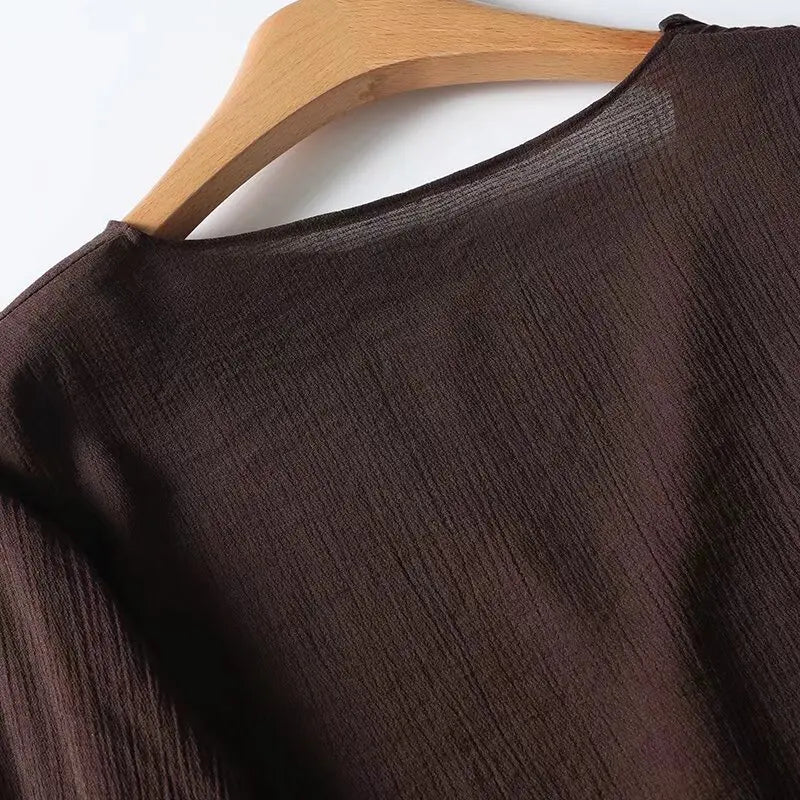 YENKYE Spring 2025 Women Brown Long Sleeve V Neck Ruffle Shirt Office Casual Blouse Blusas Mujer