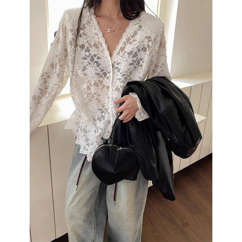 RBB Women's Y2K Lace Sheer Shirt – Sexy Hollow-Out Long Sleeve Streetwear Top