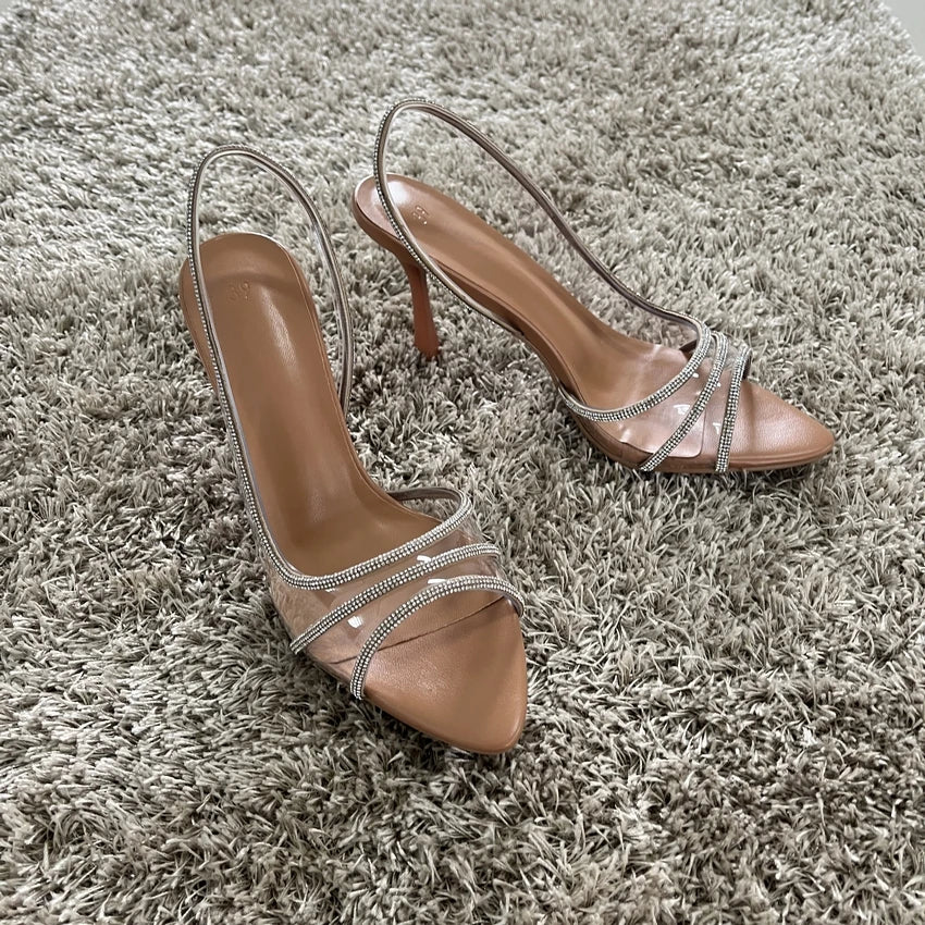 RBB Women’s Crystal Slingback High Heels – Summer Sexy PVC Pointed Toe Pumps