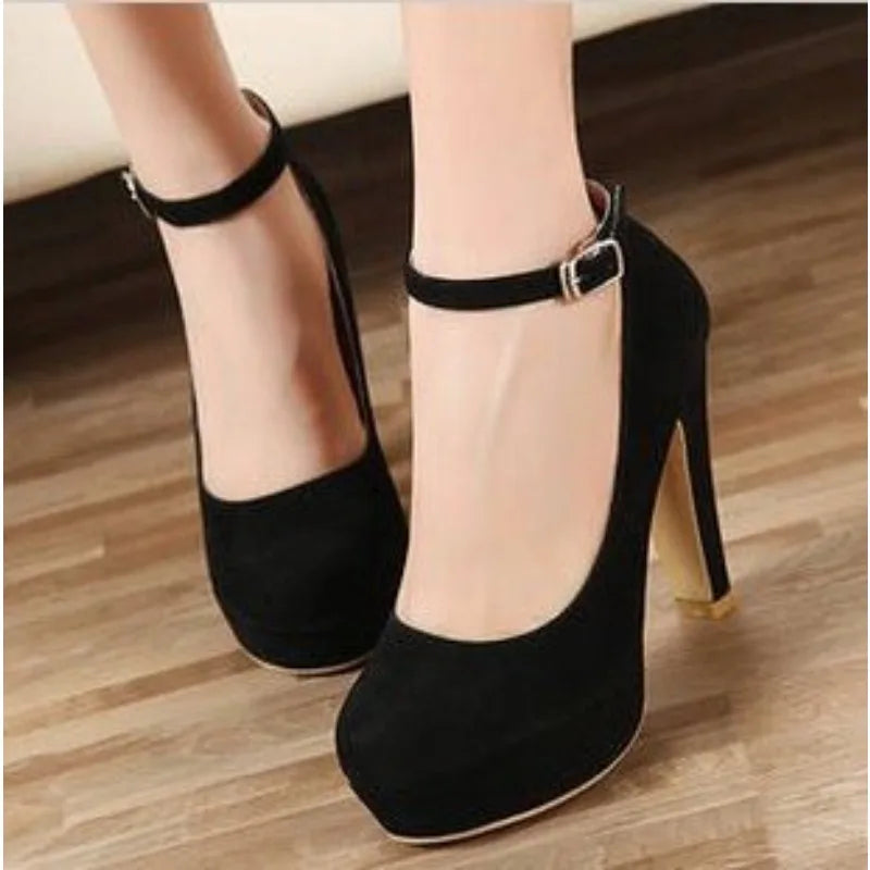 RBB Large Size 42 Sexy Super High Heels Women’s Ankle Buckle Chunky Platform Pumps — Black Flock Square Heel Party Shoes