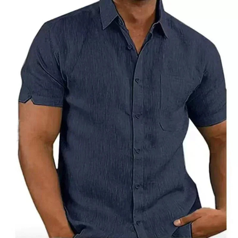 RBB Men’s Summer Cotton Linen Shirt – Short Sleeves, Turn-Down Collar, Casual Beach Style