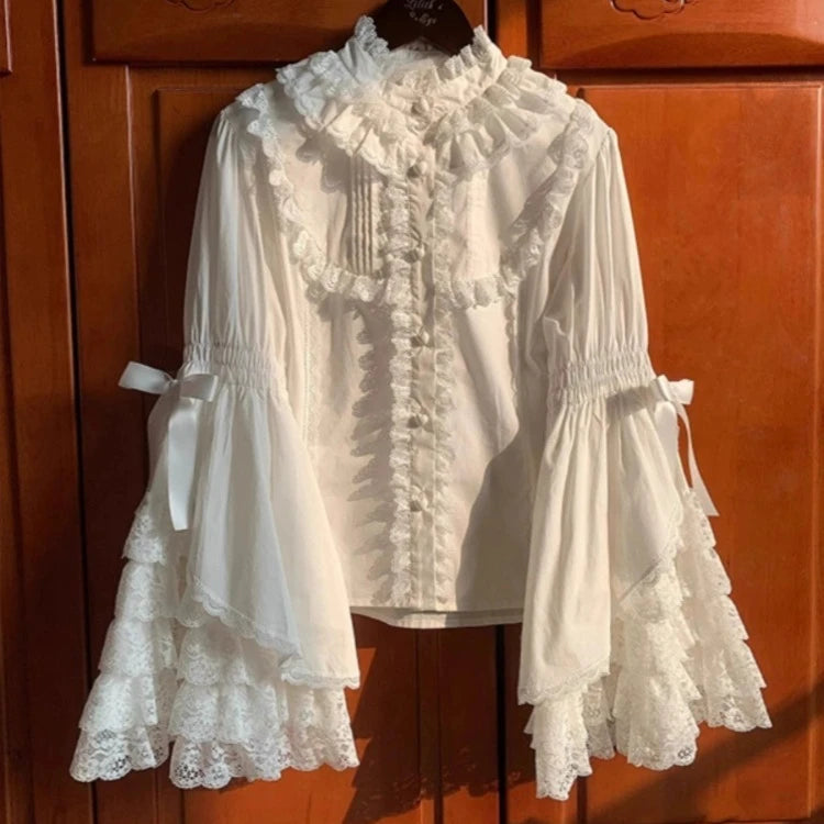 RBB Women's Kawaii Lace Patchwork Shirt – Sweet Lolita Y2K Loose Flare Sleeve Blouse