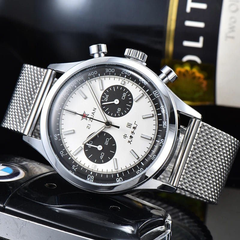 RBB Men's 42mm Pilot Chronograph Quartz Watch – Panda Dial, Military Luminous Vintage Style