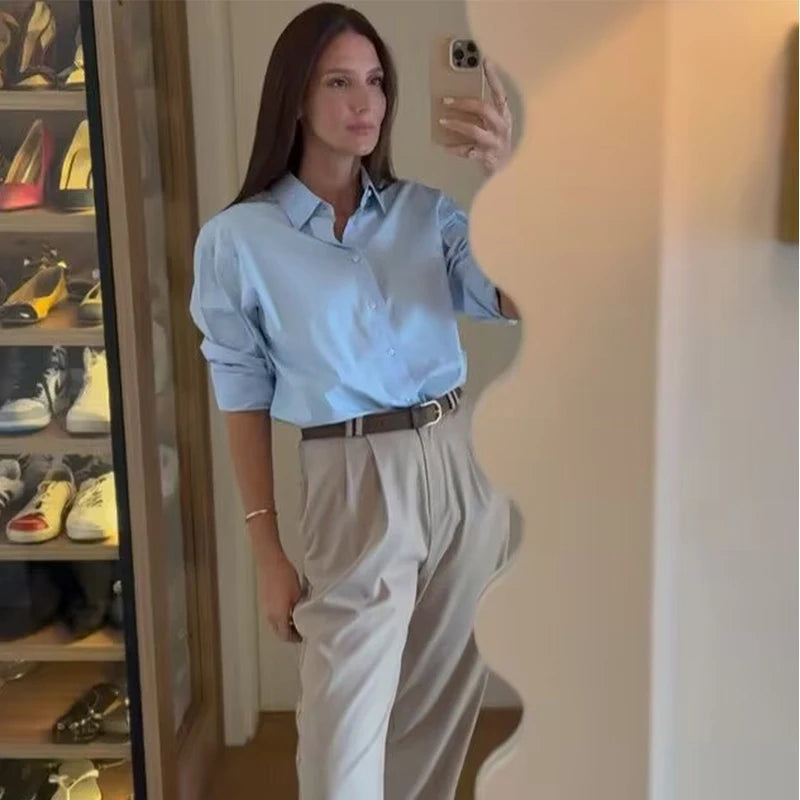 TRAF 2025 Women's Shirt Long Blue Shirt Women Spring Long Sleeve Oversize Shirts Blouses Korean Style Casual Button Up Shirts