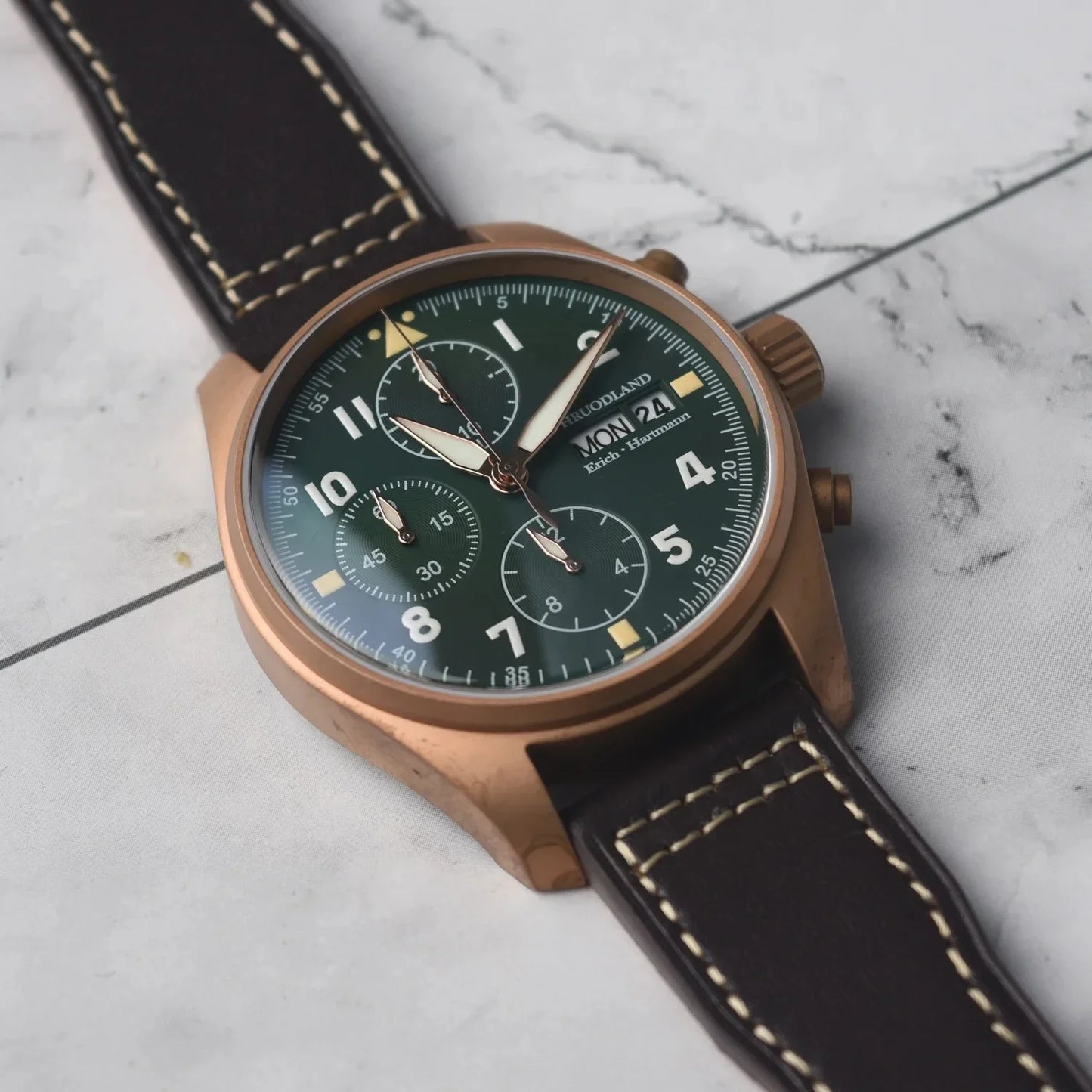 RBB Bronze Pilot Chronograph Watch – 100M Waterproof, Sapphire Crystal, Multifunction Quartz Men’s Wristwatch