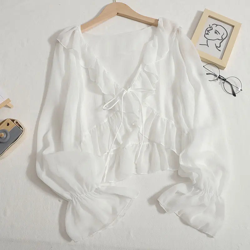 Blouses Women Lace-up Summer New Design Thin Trendy Long Sleeve Leisure Sweet Girls All-match Korean Style Tender Streetwear Ins
