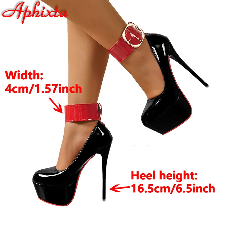 RBB 4cm Platform Pumps with Ankle Strap – 16.5cm Thin Heel, Round Toe, Big Sizes Up to 50 – Women’s Spring/Summer Heels