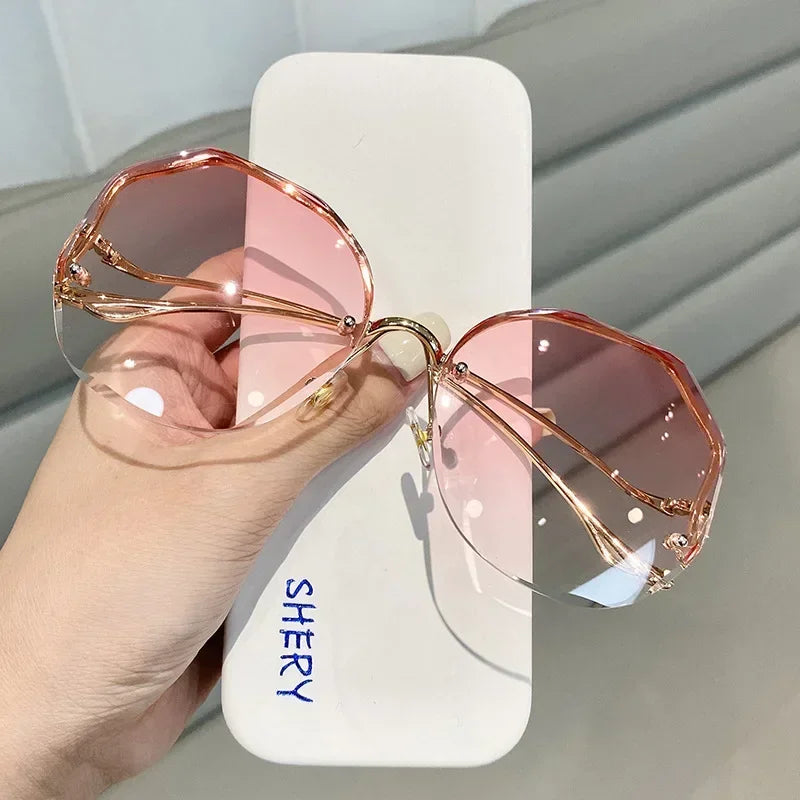 RBB Irregular Rimless Round Sunglasses for Women – Gradient Fashion Designer Shades