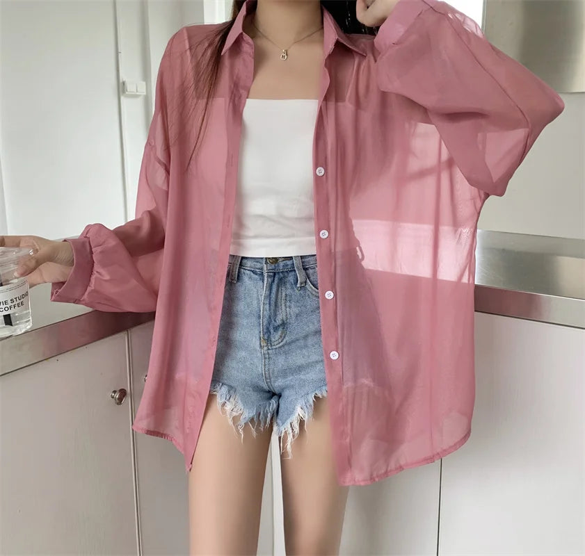 RBB Women’s Semi-Sheer Shimmer Long Sleeve Shirt – Lightweight Button-Down Collared Top for Spring/Summer