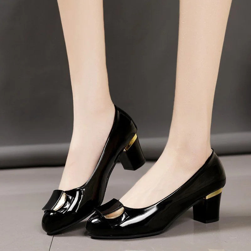 RBB Women’s Fashion Sweet White Patent Leather Office Shoes – Square Heel Casual Career Pumps
