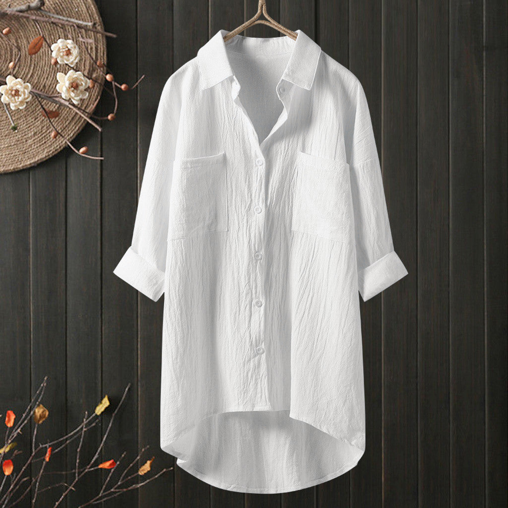 Elegant and Youth Woman Blouses Casual Home Cotton Linen Large Size Single Breasted Commuting Style Long Sleeved Shirt