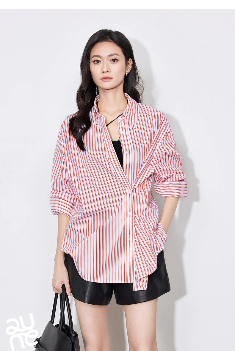 TOYOUTH Women Blouse Shirt 2025 Spring New Lyocell Long Sleeve Striped Cotton Sunscreen OL Shirt Tops