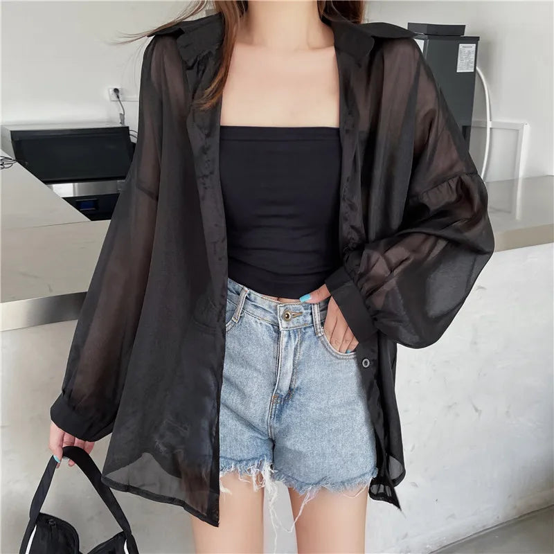 RBB Women’s Semi-Sheer Shimmer Long Sleeve Shirt – Lightweight Button-Down Collared Top for Spring/Summer