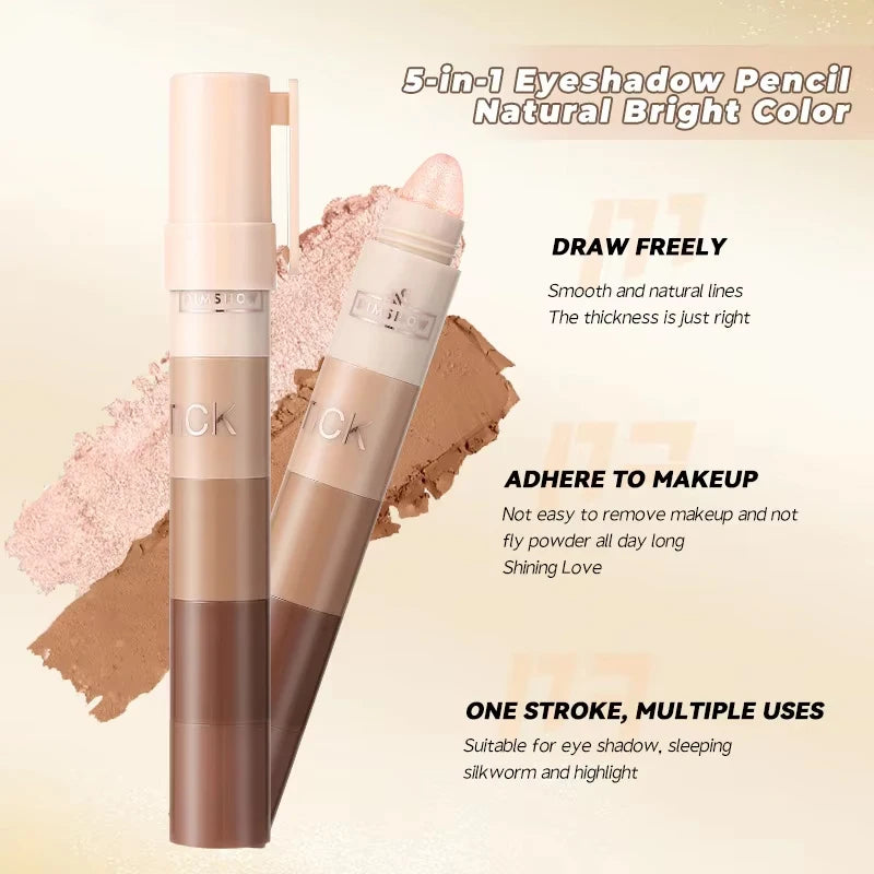 5-Color Matte & Pearlescent Eyeshadow Stick – Waterproof, Anti-Smudging & Portable