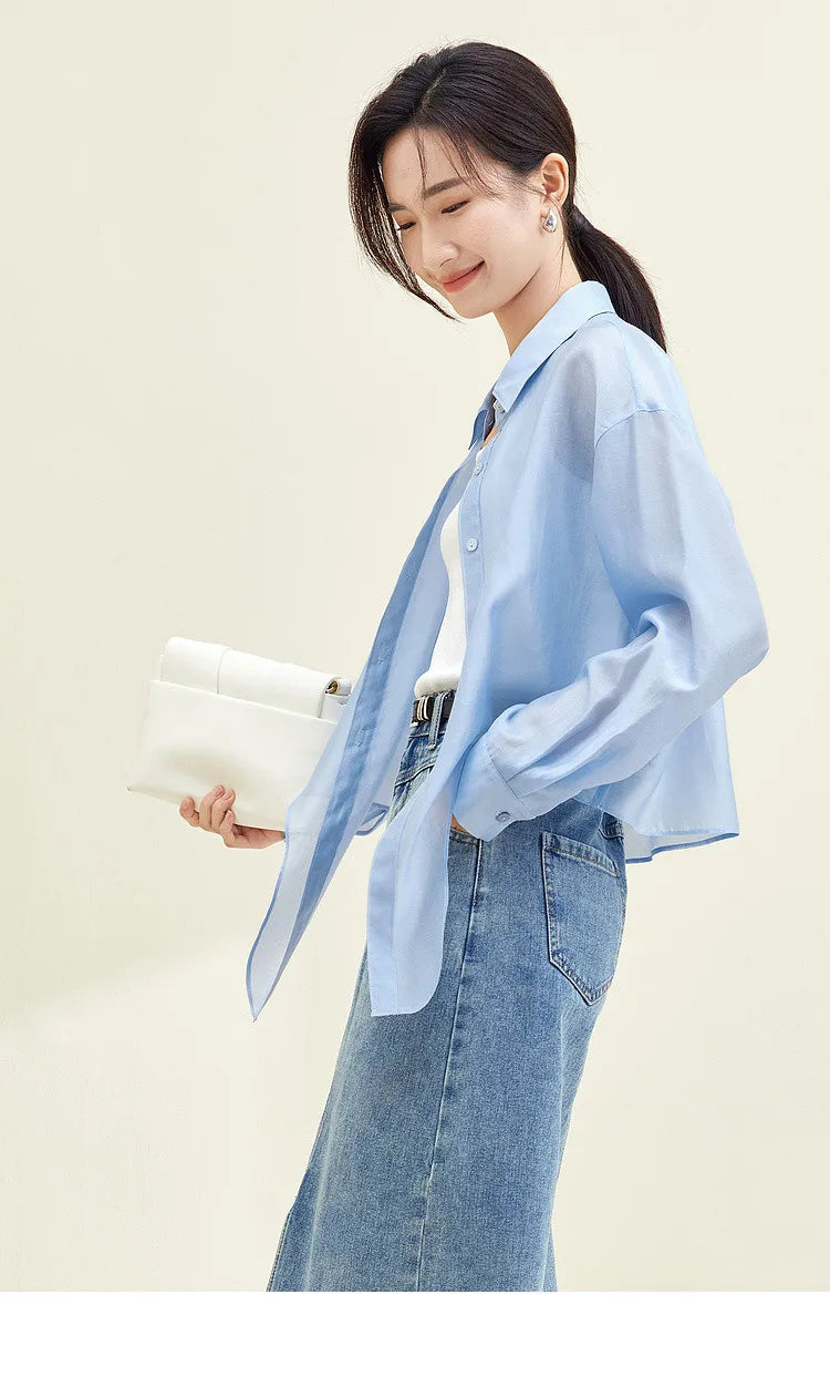 SENTUBILA Sheer Knot Shirts Women 2025 Elegant Casuals Long Drop Sleeve Button Up Shirts & Blouses Female Clothes 132C48674