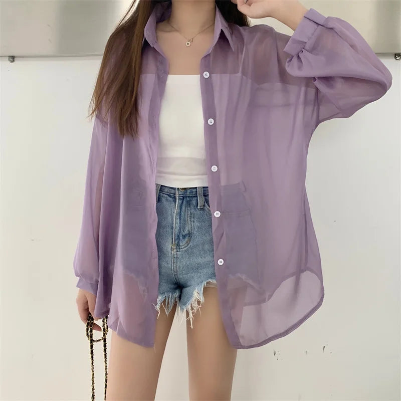 RBB Women’s Semi-Sheer Shimmer Long Sleeve Shirt – Lightweight Button-Down Collared Top for Spring/Summer