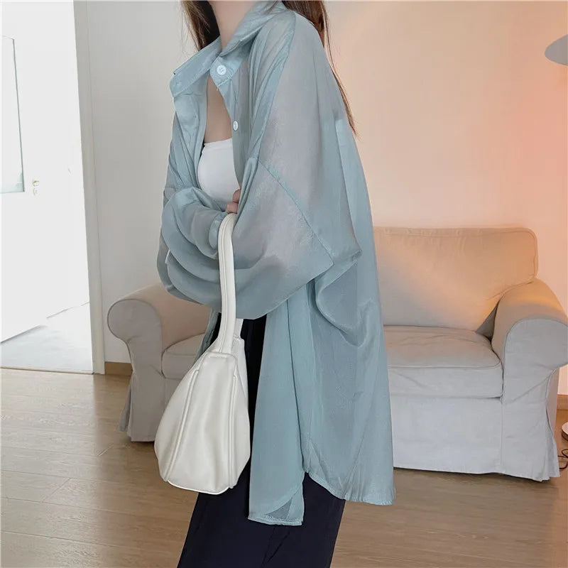 RBB Women’s Semi-Sheer Shimmer Long Sleeve Shirt – Lightweight Button-Down Collared Top for Spring/Summer