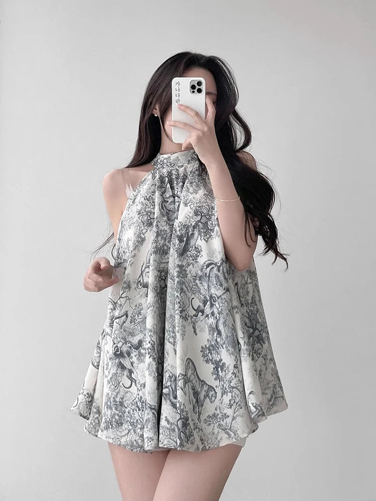Kimotimo Summer Vintage Stand Collar Print Ladies Tops Korean Chic Lace Up Waist Halter Chiffon Blouses Elegant Fashion Shirts
