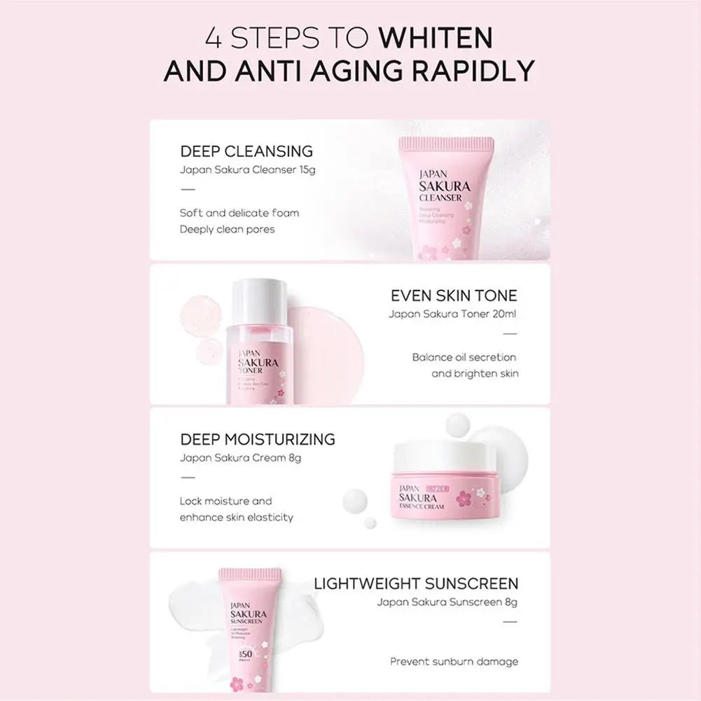 Sakura Skin Care Set – Cleanser, Serum, Toner, Sunscreen & Cream for Women