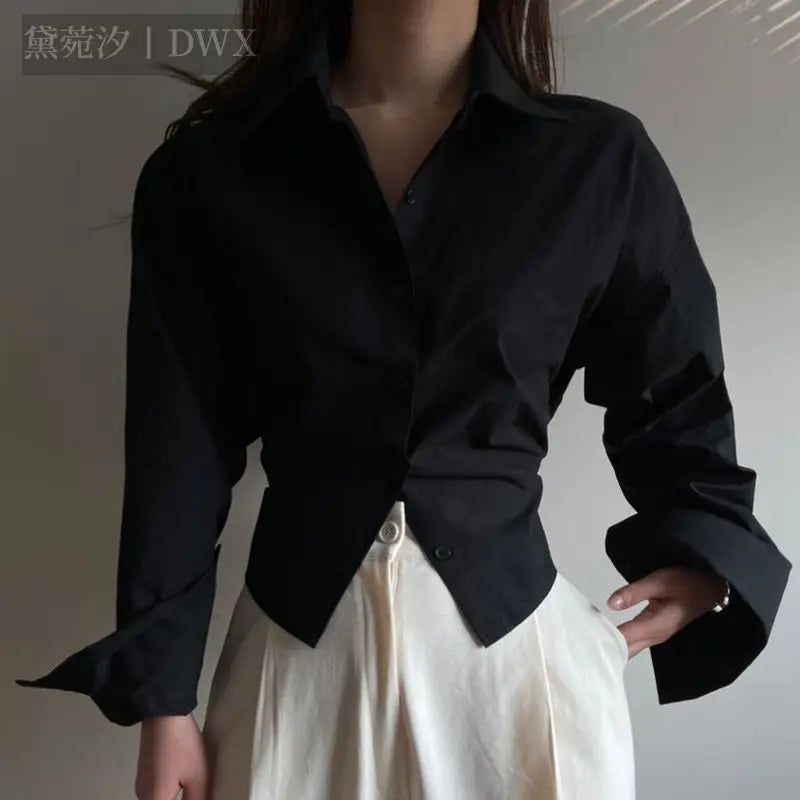 Chic Chiffon Shirts Women Criss-cross Drawstring Backless Trendy Design Turn-down Collar Single Breasted Ladies Solid Crop Tops