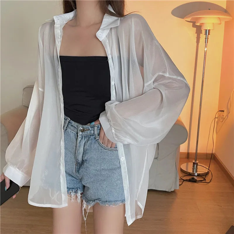 RBB Women’s Semi-Sheer Shimmer Long Sleeve Shirt – Lightweight Button-Down Collared Top for Spring/Summer