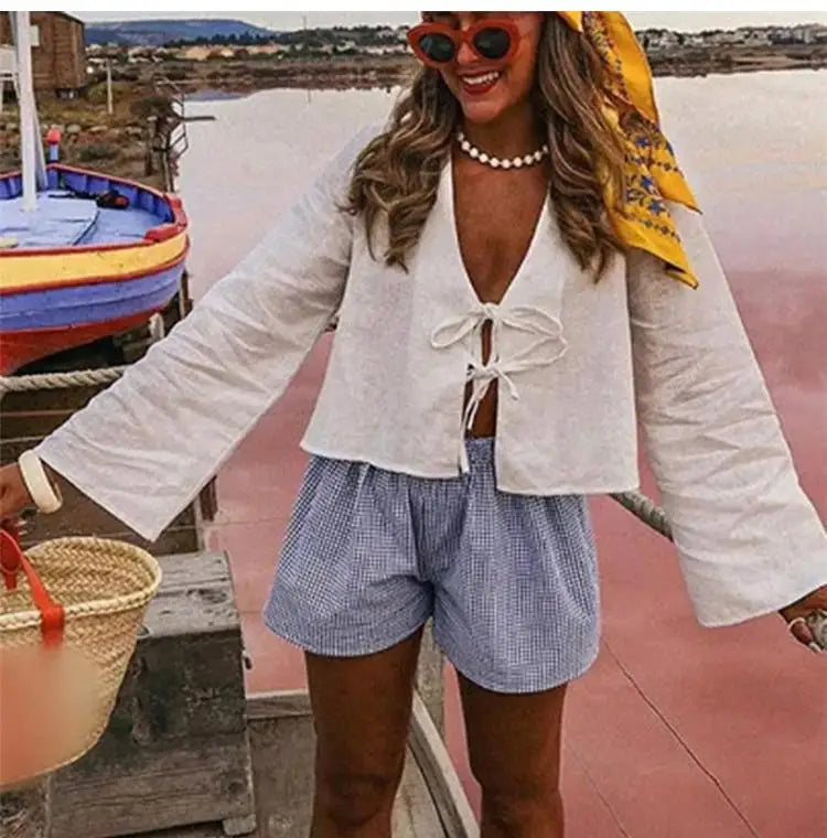 ALOBEE Shirt Women Elegant 2024 New Summer Street Female Comfortable Tops Loose Lace Up Leisure Bow Long Flare Sleeve Lady