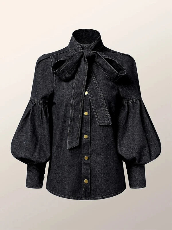 RBB Women's Imitation Denim Blouse – High Neck Puff Sleeve Top with Bow Detail