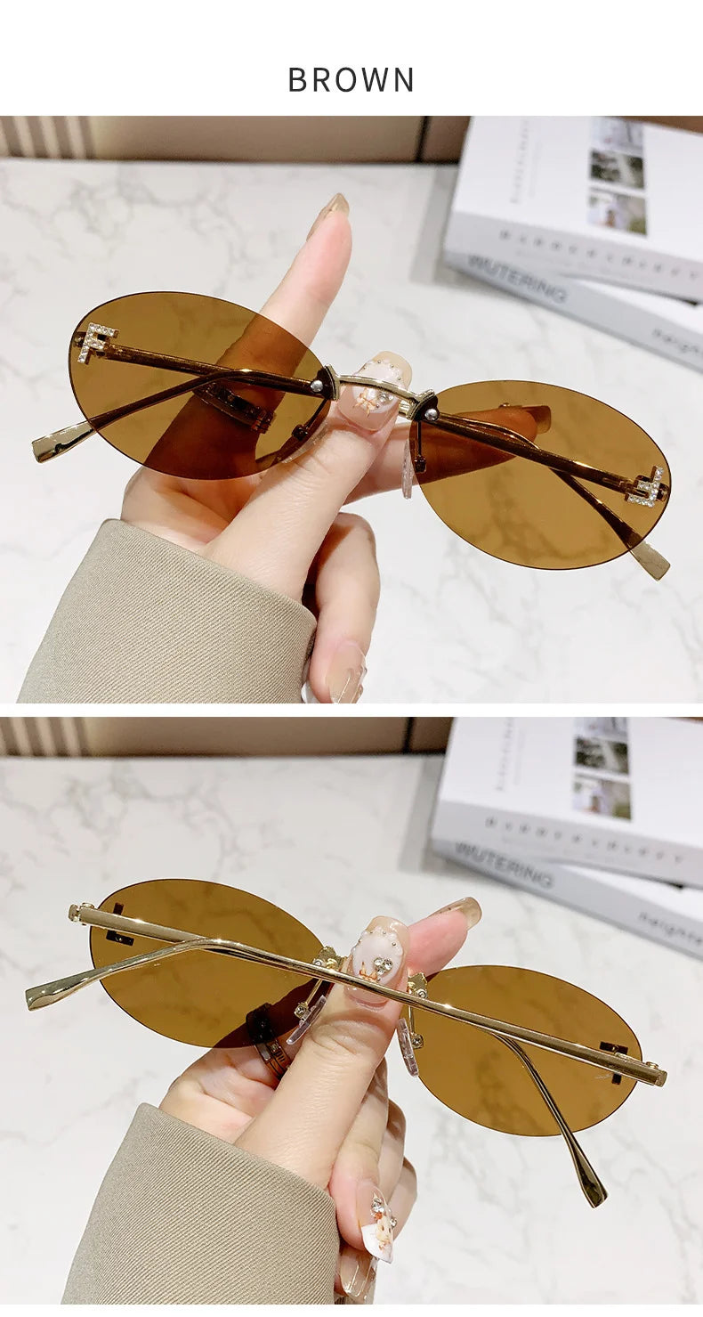 RBB Retro Oval Rimless Sunglasses – Unisex Elegant Diamond Style with Letter “F” Detailing