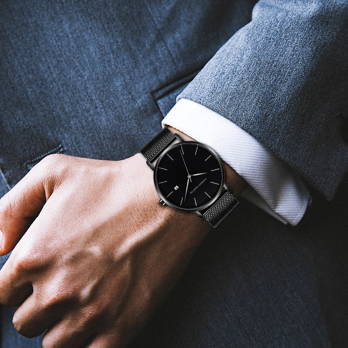 RBB Classic Bauhaus Men's Ultra-Thin Quartz Watch – Dark Blue Dial, Stainless Steel, Waterproof, Calendar Function