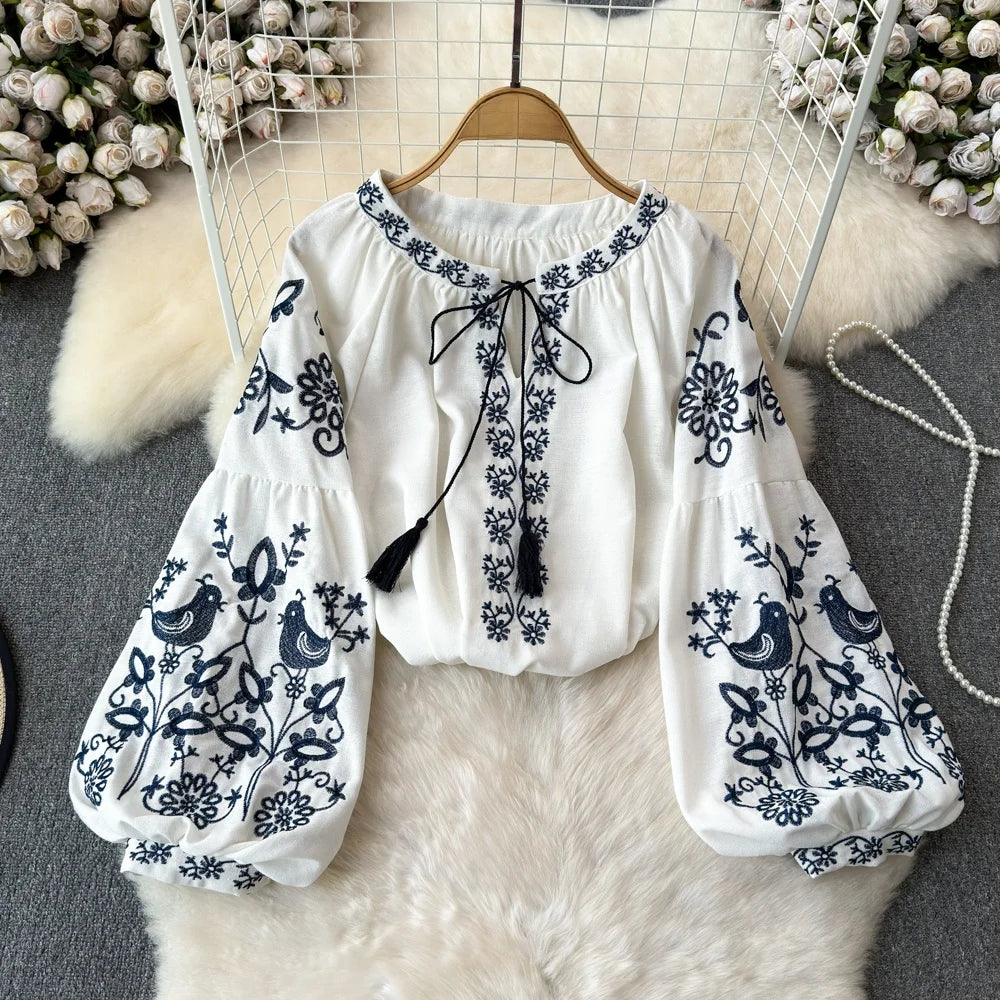 RBB Women's Retro Ethnic Embroidered Shirt – Style Loose Long Sleeve Blouse