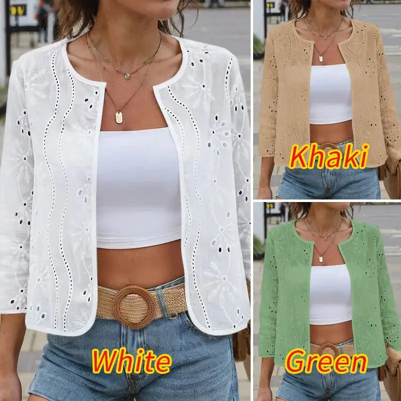 ZANZEA Women Fashion Hollow Out Embroidered Cardigan Shirts Autumn 2025 Elegant 3/4 Sleeve Kimonos Casual Holiday Cover-up Tops