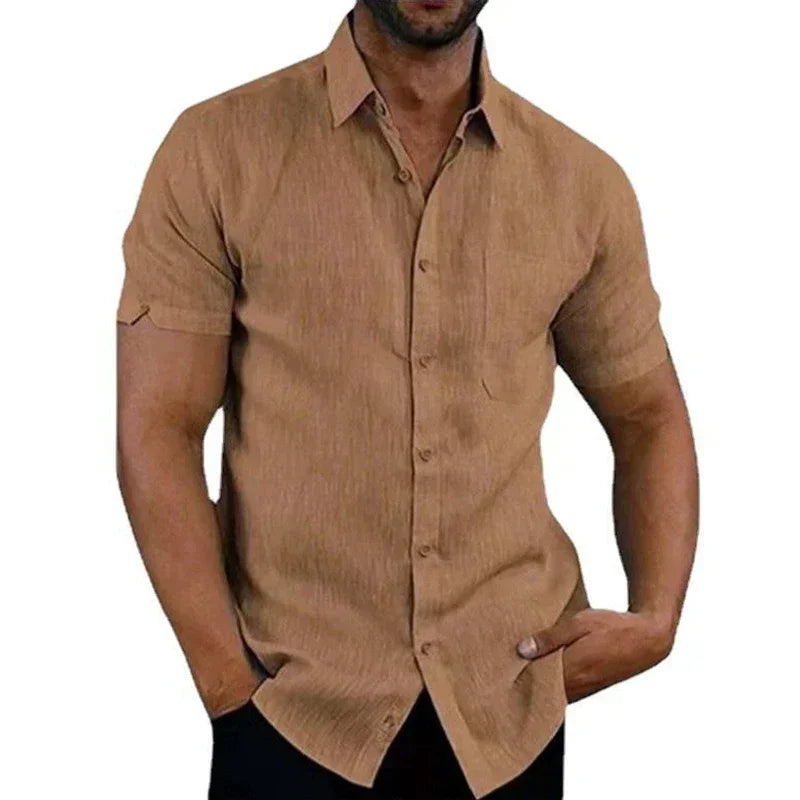 RBB Men’s Summer Cotton Linen Shirt – Short Sleeves, Turn-Down Collar, Casual Beach Style