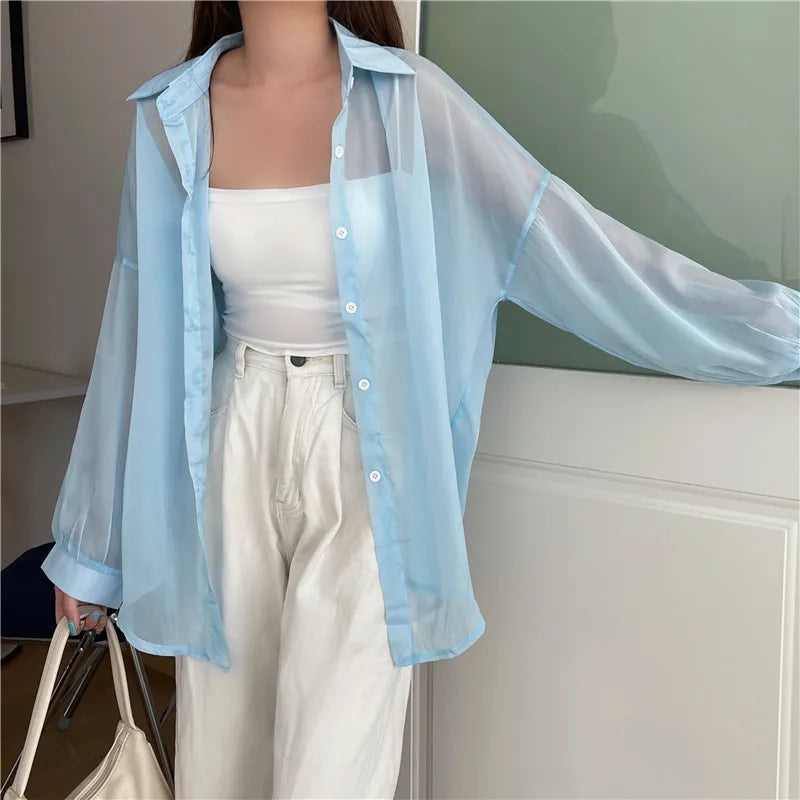 RBB Women’s Semi-Sheer Shimmer Long Sleeve Shirt – Lightweight Button-Down Collared Top for Spring/Summer