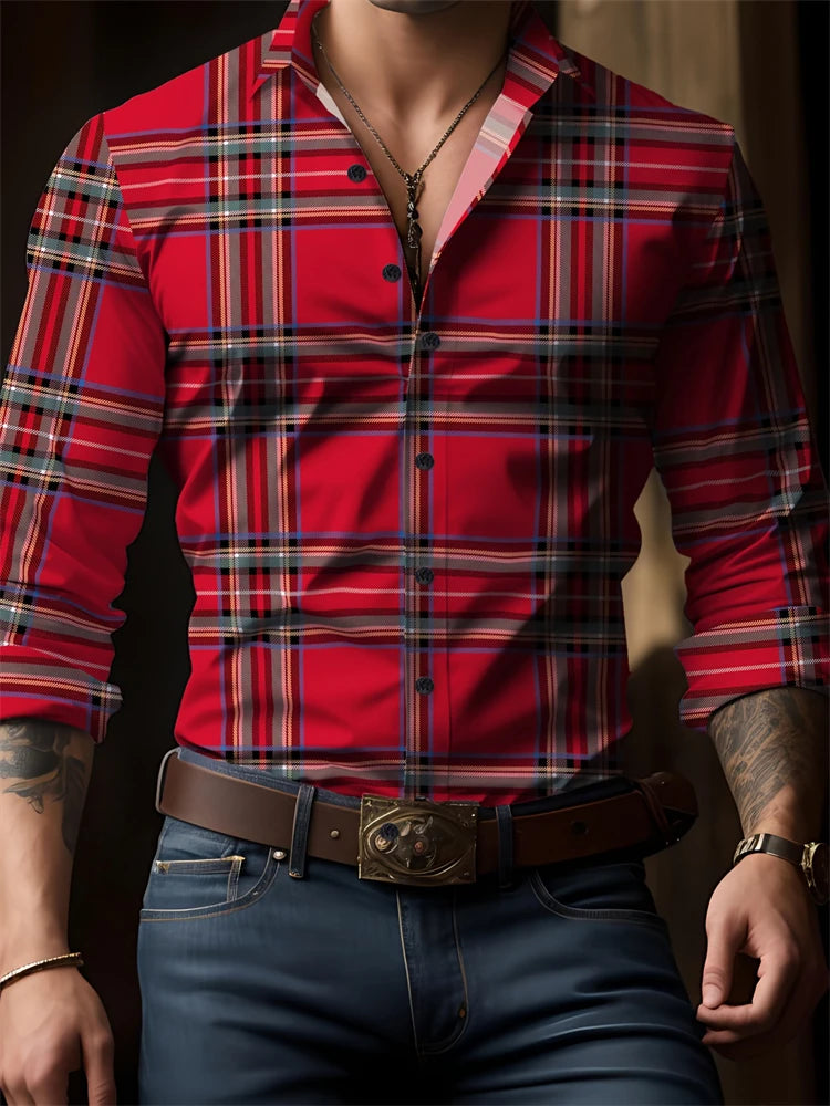 RBB Men’s Check Print Button-Down Shirt – Oversized Streetwear, Long Sleeve