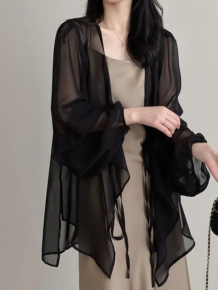 RBB Women's V-Neck Chiffon Shirt – Loose Fit Lace-Up Long Sleeve Summer Blouse