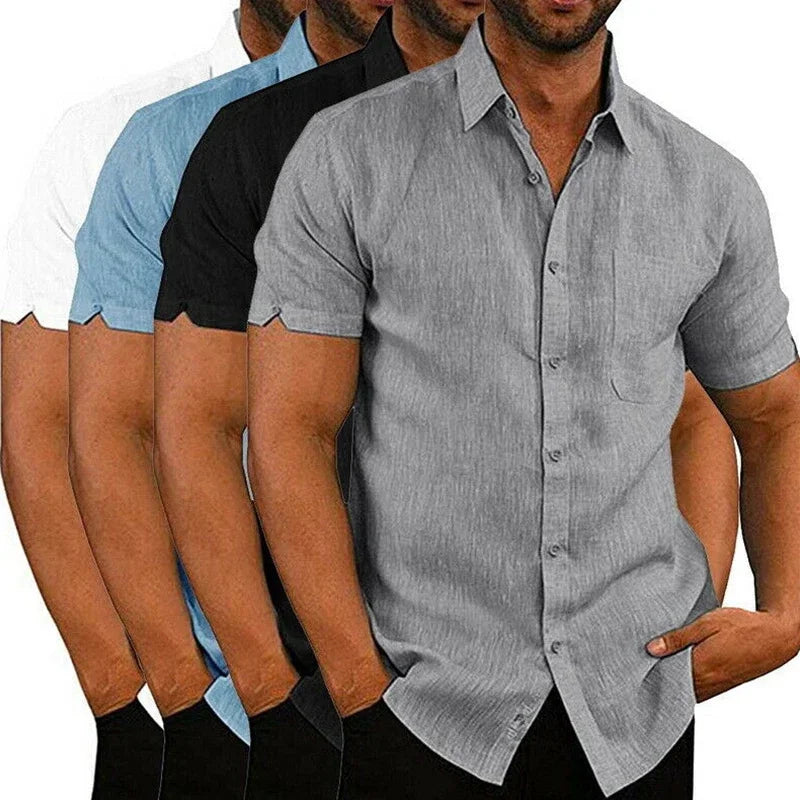 RBB Men’s Summer Cotton Linen Shirt – Short Sleeves, Turn-Down Collar, Casual Beach Style