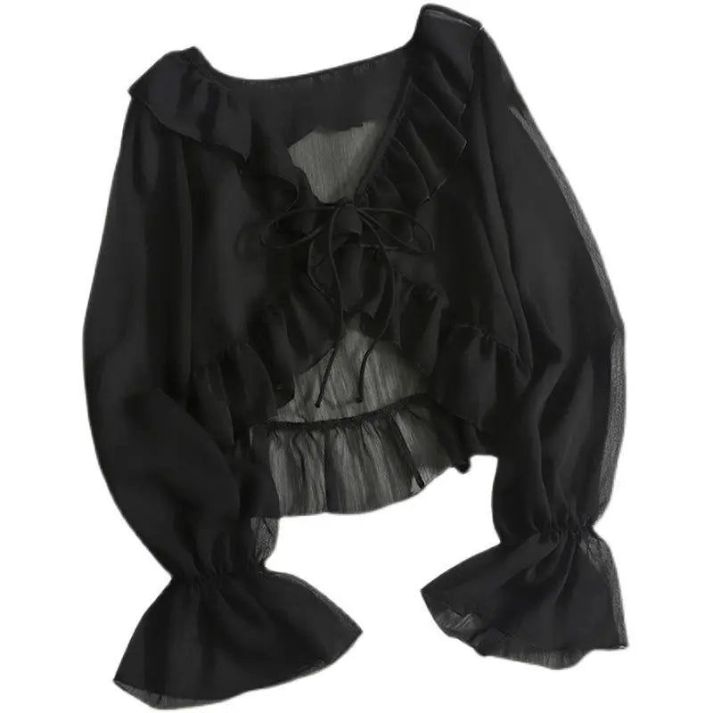 Blouses Women Lace-up Summer New Design Thin Trendy Long Sleeve Leisure Sweet Girls All-match Korean Style Tender Streetwear Ins