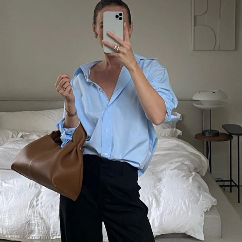 TRAF 2025 Women's Shirt Long Blue Shirt Women Spring Long Sleeve Oversize Shirts Blouses Korean Style Casual Button Up Shirts