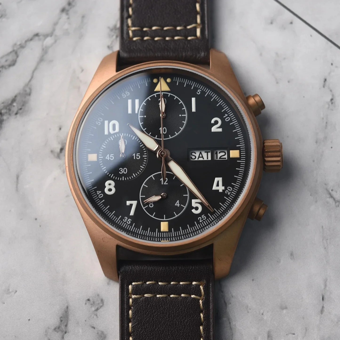 RBB Bronze Pilot Chronograph Watch – 100M Waterproof, Sapphire Crystal, Multifunction Quartz Men’s Wristwatch