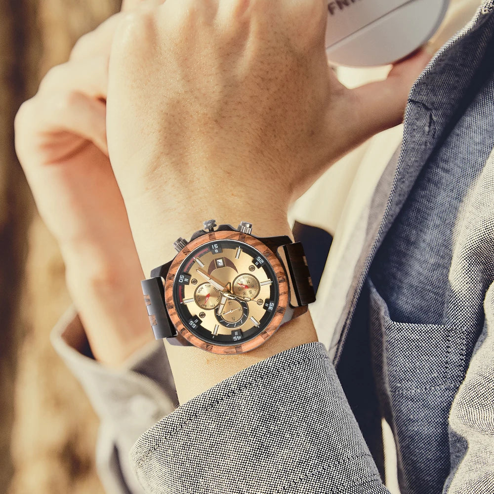 RBB Men’s Wooden Quartz Watch – Date & Week Display with Gift Box